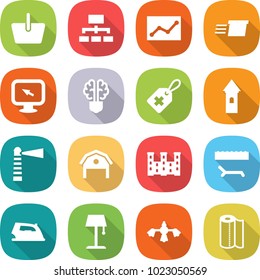flat vector icon set - basket vector, hierarchy, statistics, delivery, monitor arrow, bulb brain, medical label, tower, lighthouse, barn, palace, lounger, iron, floor lamp, hard reach place cleaning