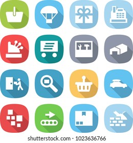 flat vector icon set - basket vector, parachute, gift, cashbox, delivery, tools, warehouse, courier, cargo search, car baggage, blocks, conveyor, package, construct garbage