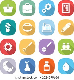 flat vector icon set - basket vector, portfolio, gear, abacus, bulb, smart bracelet, cashbox, pencil, sun, whisk, skimmer, salt pepper, croissant, pear, pills bottle, drop