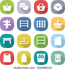 flat vector icon set - basket vector, discussion, delete cart, box, singlepost, rack, pallet, table, hanger, cutting board, bank, trash bin