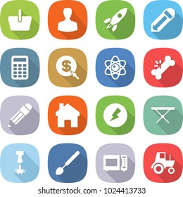 flat vector icon set - basket vector, man, rocket, pencil, calculator, dollar arrow, atom, broken bone, home, electricity, iron board, laser, big spoon, microwave oven, tractor