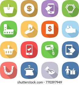 flat vector icon set - basket vector, dollar, touch, hex molecule, mansion, real estate, tax, acid, mobile checking, mixer, touchscreen, horseshoe, hanger, wiping, kitchen cleaning