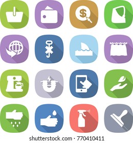 flat vector icon set - basket vector, wallet, dollar arrow, broken hand, delivery, do not hook sign, shark flipper, curtain, coffee maker, electric magnet, touchscreen, leaf, sow, drop, sprayer