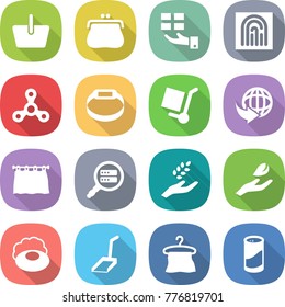 flat vector icon set - basket vector, purse, gift, fingerprint, spinner, smart bracelet, cargo stoller, delivery, curtain, data search, harvest, hand leaf, soap, scoop, hanger, cleanser powder