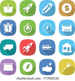 flat vector icon set - basket vector, rocket, pencil, dollar, alarm clock, lightning, gothic architecture, shipping, train, home, curtain, electricity, hand drop, rake