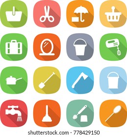 flat vector icon set - basket vector, scissors, insurance, suitcase, mirror, bucket, mixer, saute pan, shovel, axe, water tap, plunger, toilet brush, duster