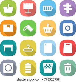 flat vector icon set - basket vector, billboard, battery, singlepost, package box, label, ring button, table, hanger, cutting board, trash bin