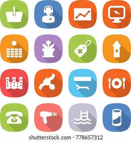 flat vector icon set - basket vector, call center, statistics, monitor arrow, sun power, flower, medical label, tower, palace, satellite, lounger, cafe, phone, hair dryer, pool, cleanser powder
