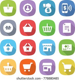 flat vector icon set - basket vector, target audience, money gift, phone pay, crypto currency, account balance, add to, delete cart, shop, credit card