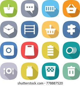 flat vector icon set - basket vector, message, battery, remove from, box, rack, signpost, ring button, cutting board, plates, fork spoon plate, bank, trash bin
