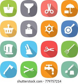 flat vector icon set - basket vector, funnel, scissors, insurance, baggage, handwheel, pan, kettle, knife holder, fork, axe, pruner, water tap, toilet brush