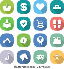 flat vector icon set - basket vector, dollar, heart, block wall, package, protected, rocking chair, slippers, robot hand, solar power, sheep, harvester, goose, horse, outsource, iron board