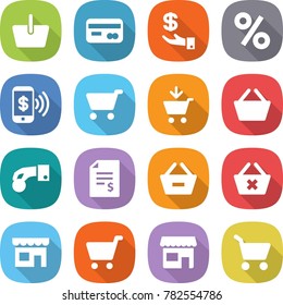 flat vector icon set - basket vector, card, investment, percent, phone pay, cart, add to, hand coin, account balance, remove from, delete, shop
