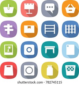 flat vector icon set - basket vector, billboard, message, remove from, singlepost, package box, rack, pallet, photo, ring button, table, cutting board, bank, trash bin