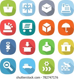 flat vector icon set - basket vector, gift, box, cashbox, delivery, 3d, dry cargo, do not hook sign, package, hi quality, search, car baggage, conveyor, construct garbage