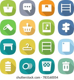 flat vector icon set - basket vector, message, package box, rack, label, photo, signpost, table, hanger, cutting board, battery, plates, trash bin