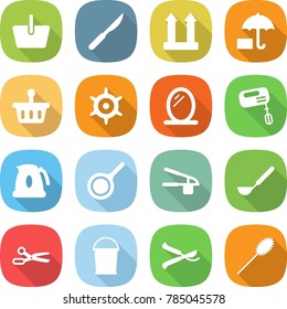 flat vector icon set - basket vector, scalpel, cargo top sign, insurance, handwheel, mirror, mixer, kettle, pan, garlic clasp, ladle, scissors, bucket, pruner, duster