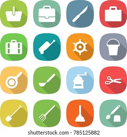 flat vector icon set - basket vector, portfolio, scalpel, suitcase, handwheel, bucket, pan, ladle, hand mill, scissors, shovel, fork, plunger, toilet brush