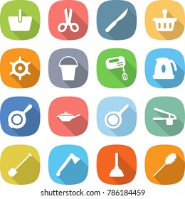 flat vector icon set - basket vector, scissors, scalpel, handwheel, bucket, mixer, kettle, pan, garlic clasp, shovel, axe, plunger, duster