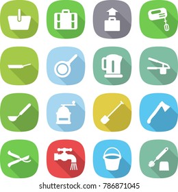 flat vector icon set - basket vector, suitcase, baggage, mixer, pan, kettle, garlic clasp, ladle, hand mill, shovel, axe, pruner, water tap, bucket, toilet brush