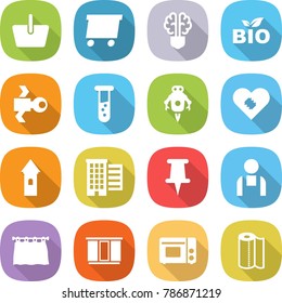 flat vector icon set - basket vector, delivery, bulb brain, bio, satellite, vial, jet robot, pacemaker, tower, houses, pin, workman, curtain, wardrobe, grill oven, paper towel