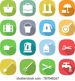flat vector icon set - basket vector, portfolio, cargo top sign, suitcase, bucket, kettle, pan, saute, hand mill, scissors, shovel, fork, pruner, water tap