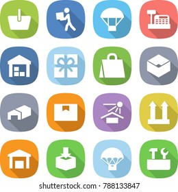 flat vector icon set - basket vector, courier, parachute, cashbox, warehouse, gift, shopping bag, box, package, sun potection, cargo top sign, delivery, repair tools