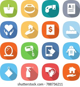 flat vector icon set - basket vector, smart bracelet, hand coin, anamnesis, health care, real estate, tax, shark flipper, mirror, mixer, touchscreen, robot, rag, sprayer, wiping, housing