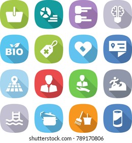 flat vector icon set - basket vector, diagram, bulb brain, bio, medical label, pacemaker, location details, map, client, surfer, pool, steam pan, bucket and broom, cleanser powder