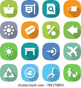 flat vector icon set - basket vector, shop signboard, search document, delivery, round around, sale label, percent, left arrow, sun, table, photon, plane, recycle, ecology, scoop, toilet cleaning