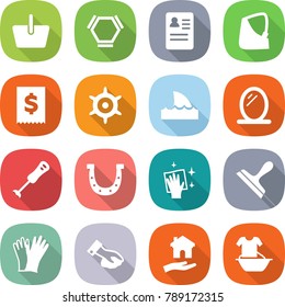 flat vector icon set - basket vector, hex molecule, anamnesis, broken hand, tax, handwheel, shark flipper, mirror, blender, horseshoe, wiping, scraper, gloves, housing, handle washing