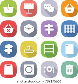 flat vector icon set - basket vector, billboard, discussion, remove from, delete cart, box, singlepost, pallet, signpost, hanger, rack, cutting board, ring button, fork spoon plate, trash bin