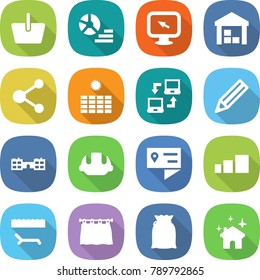 flat vector icon set - basket vector, diagram, monitor arrow, warehouse, molecule, sun power, notebook connect, pencil, school, building helmet, location details, sorting, lounger, curtain, flour