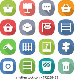 flat vector icon set - basket vector, billboard, message, remove from, delete cart, box, shop signboard, rack, label, pallet, photo, signpost, ring button, trash bin