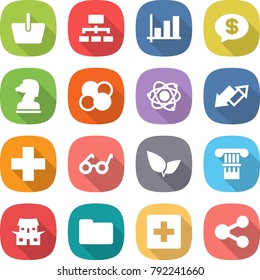 flat vector icon set - basket vector, hierarchy, graph, money message, chess horse, atom core, up down arrow, medical cross, pacemaker, leafs, column, japanese house, documents, first aid, share
