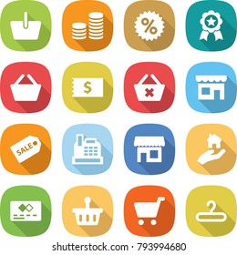flat vector icon set - basket vector, coin stack, percent, medal, receipt, delete cart, shop, sale label, cashbox, real estate, credit card, hanger
