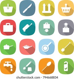 flat vector icon set - basket vector, scalpel, cargo top sign, suitcase, baggage get, saute pan, shovel, water tap, toilet brush, duster, please clean