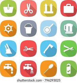 flat vector icon set - basket vector, scissors, cargo top sign, suitcase, handwheel, bucket, pan, kettle, knife holder, axe, pruner, water tap, duster, please clean