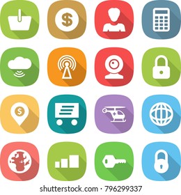 flat vector icon set - basket vector, dollar, woman, calculator, cloud wireless, antenna, web cam, lock, pin, delivery, ambulance helicopter, globe, sorting, key