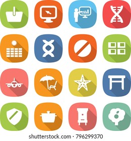 flat vector icon set - basket vector, monitor arrow, presentation, dna, sun power, pill, panel house, plane, lounger, starfish, stool, shield, pan, hive, garden