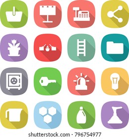 flat vector icon set - basket vector, billboard, cashbox, molecule, flower, drawbridge, ladder, documents, safe, key, alarm, bulb, measuring cup, honeycombs, cleanser, plunger