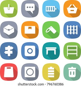 flat vector icon set - basket vector, message, battery, remove from, box, package, label, pallet, signpost, ring button, table, rack, cutting board, trash bin