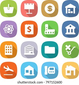 flat vector icon set - basket vector, billboard, dollar, warehouse, atom, receipt, mansion, library, building, office, documents, do not trolley sign, arrival, home, intercome, house