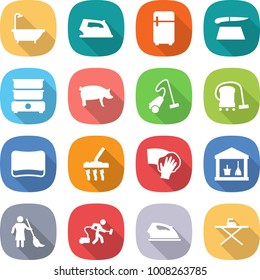 flat vector icon set - bath vector, iron, fridge, cutting board, double boiler, pig, vacuum cleaner, sponge, wiping, utility room, brooming