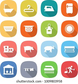 flat vector icon set - bath vector, hanger, iron, fridge, colander, apron, gas oven, food processor, pig, sheep, sponge, utility room, drying clothes, brush, vacuum cleaner