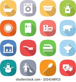 flat vector icon set - bath vector, washing machine, colander, apron, gas oven, fridge, food processor, sheep, utility room, brush, water tap sink, brooming, duster, home call cleaning