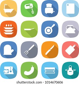 flat vector icon set - bath vector, mixer, toaster, cutting board, plate washing, pan, kettle, cook glove, big fork, knife, coffee maker, eggplant, sponge, apron