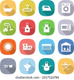 flat vector icon set - bath vector, hanger, iron, washing machine, vacuum cleaner, apron, microwave oven, gas, food processor, sponge, utility room, drying clothes, water tap sink, board