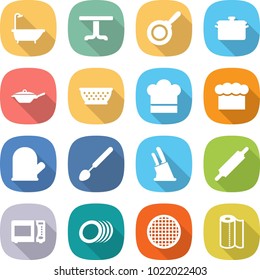 flat vector icon set - bath vector, table, pan, colander, cook hat, chief, glove, big spoon, knife holder, rolling pin, microwave oven, plates, sieve, paper towel