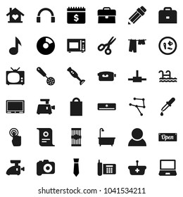 Flat vector icon set - bath vector, drying clothes, skimmer, microwave oven, blender, pasta, pencil, case, certificate, scissors, music, pie graph, tie, dollar calendar, phone, camera, video, pool